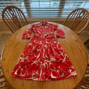 SAMANTHA SUNG Audrey Red White Abstract Print Cotton 3/4 Sleeve Dress size 4 VGC